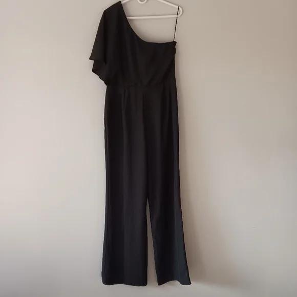 Venus One-Shoulder Draped Front Black Special Occasion Jumpsuit, Women's 10 - Picture 3 of 13
